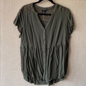 Army Green Blouse W/ Lace Shoulders